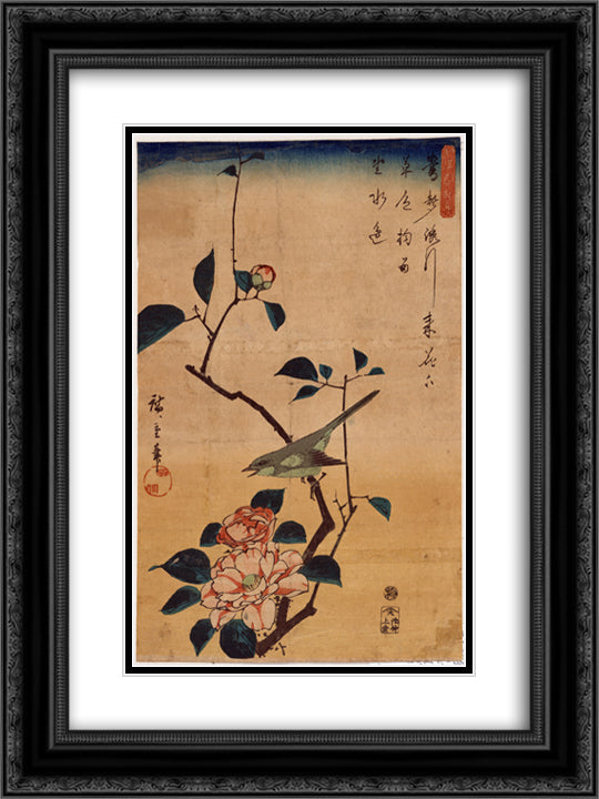 Camellia and Bush Warbler 18x24 Black Ornate Wood Framed Art Print Poster with Double Matting by Hiroshige