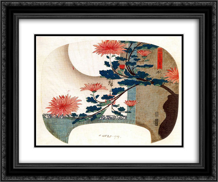 Chrysanthemums 24x20 Black Ornate Wood Framed Art Print Poster with Double Matting by Hiroshige