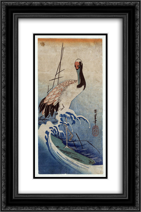 Crane in Waves 16x24 Black Ornate Wood Framed Art Print Poster with Double Matting by Hiroshige