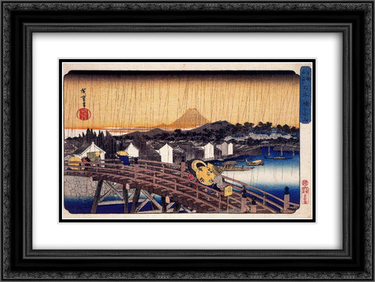 Evening Shower at Nihonbashi Bridge 24x18 Black Ornate Wood Framed Art Print Poster with Double Matting by Hiroshige