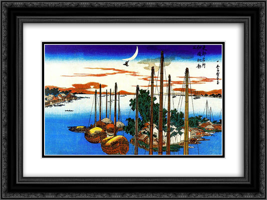 First Cuckoo of the Year at Tsukudajima 24x18 Black Ornate Wood Framed Art Print Poster with Double Matting by Hiroshige