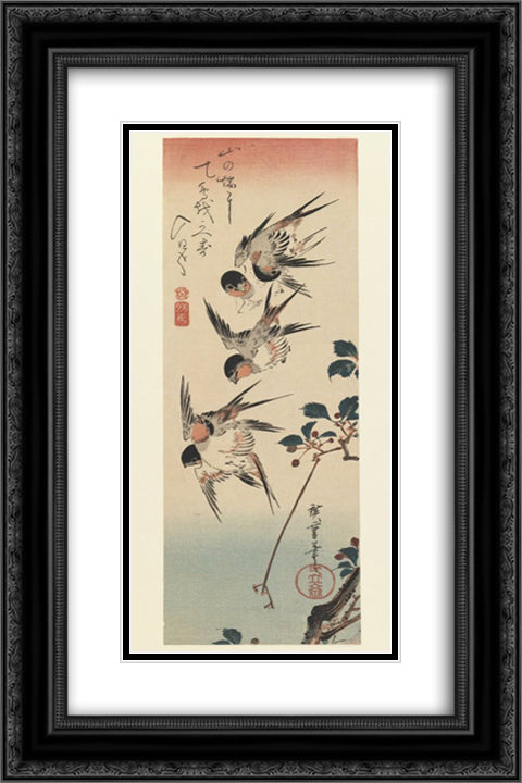 Four Swallows 16x24 Black Ornate Wood Framed Art Print Poster with Double Matting by Hiroshige