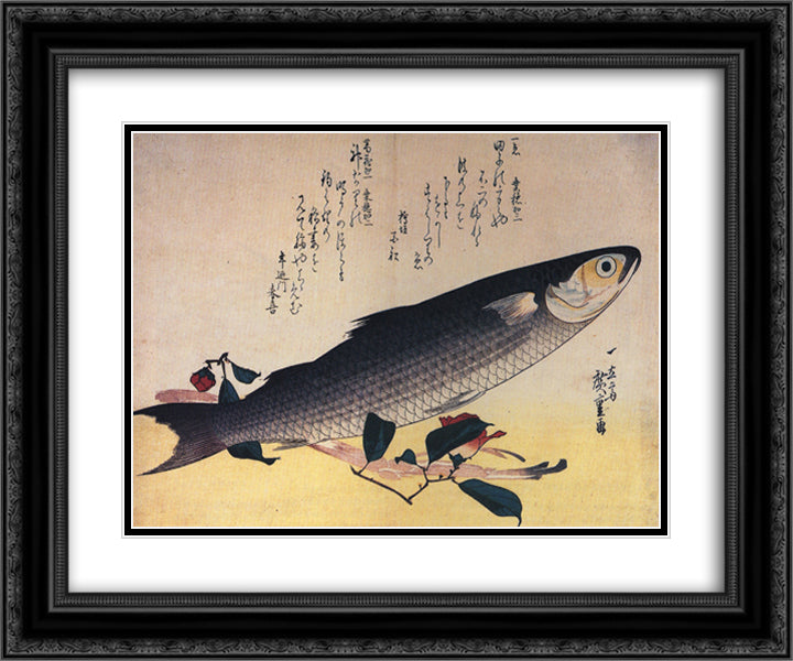 Grey mullet and camellia 24x20 Black Ornate Wood Framed Art Print Poster with Double Matting by Hiroshige