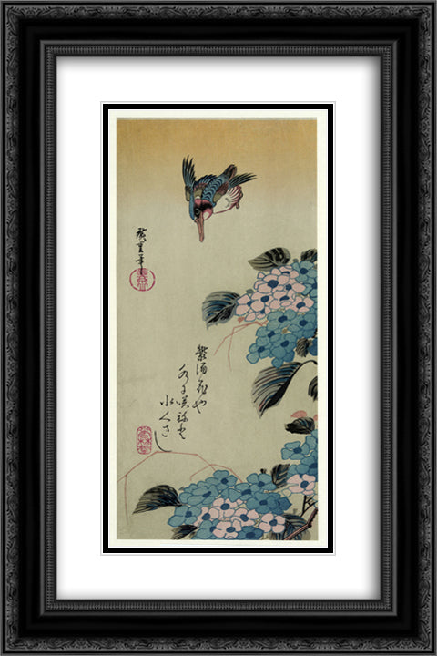 Hydrangea and Kingfisher 16x24 Black Ornate Wood Framed Art Print Poster with Double Matting by Hiroshige