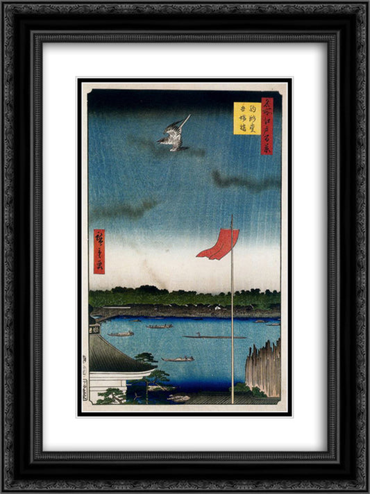 Komokata Hall and Azuma Bridge 18x24 Black Ornate Wood Framed Art Print Poster with Double Matting by Hiroshige