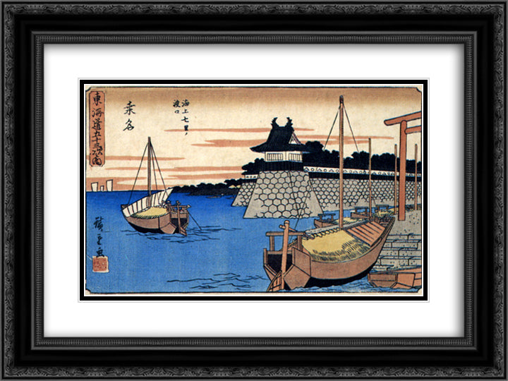 Kuwana 24x18 Black Ornate Wood Framed Art Print Poster with Double Matting by Hiroshige