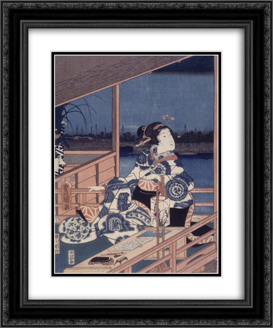 Moonlight View of Tsukuda with Lady on a Balcony 20x24 Black Ornate Wood Framed Art Print Poster with Double Matting by Hiroshige