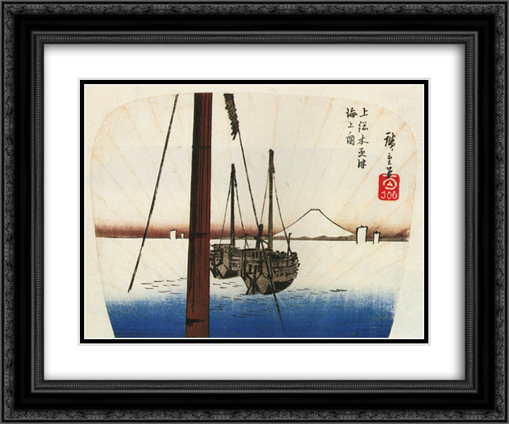 Mount Fuji seen across the water 24x20 Black Ornate Wood Framed Art Print Poster with Double Matting by Hiroshige