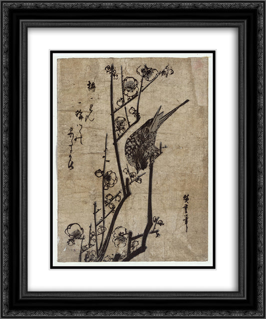 Plum Blossom and Bush Warbler 20x24 Black Ornate Wood Framed Art Print Poster with Double Matting by Hiroshige