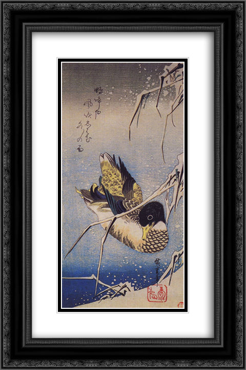 Reeds in the Snow with a Wild Duck 16x24 Black Ornate Wood Framed Art Print Poster with Double Matting by Hiroshige