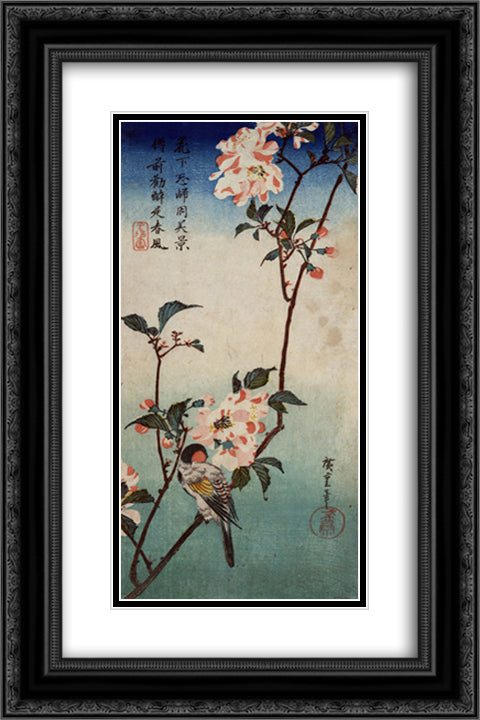 Small Bird on a Branch of Kaidozakura 16x24 Black Ornate Wood Framed Art Print Poster with Double Matting by Hiroshige