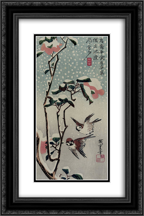 Sparrows and Camellias in the Snow 16x24 Black Ornate Wood Framed Art Print Poster with Double Matting by Hiroshige