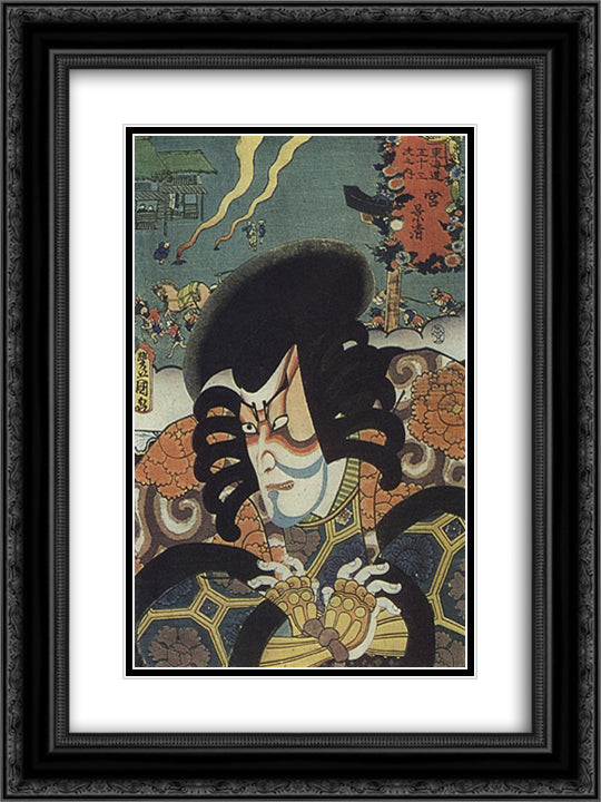 The Miya Station 18x24 Black Ornate Wood Framed Art Print Poster with Double Matting by Hiroshige