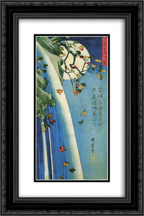 The moon over a waterfall 16x24 Black Ornate Wood Framed Art Print Poster with Double Matting by Hiroshige