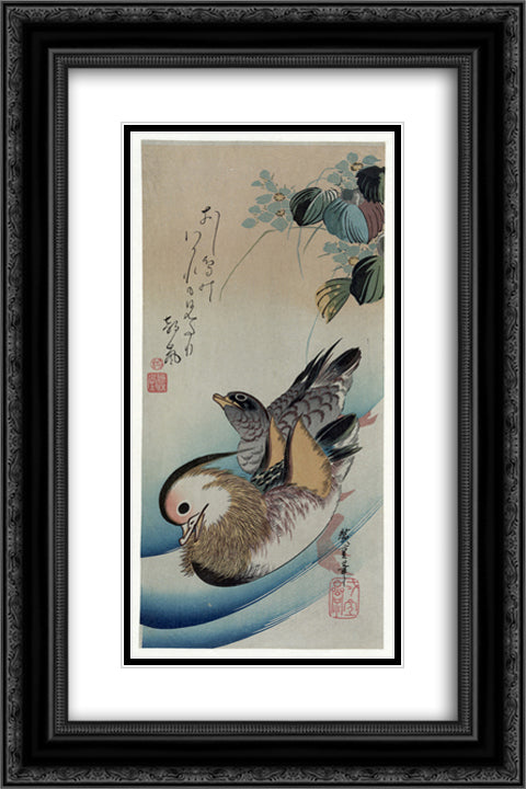 Two Mandarin Ducks 16x24 Black Ornate Wood Framed Art Print Poster with Double Matting by Hiroshige