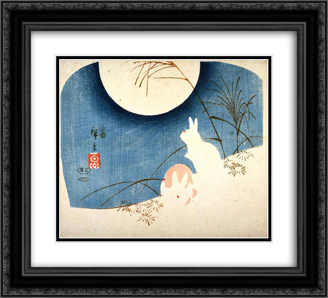 Untitled (Two Rabbits, Pampas Grass, and Full Moon) 22x20 Black Ornate Wood Framed Art Print Poster with Double Matting by Hiroshige