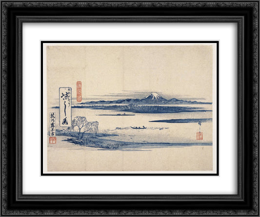 View of Fuji 24x20 Black Ornate Wood Framed Art Print Poster with Double Matting by Hiroshige