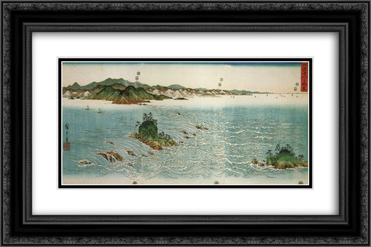 Whirlpools on a rocky coast 24x16 Black Ornate Wood Framed Art Print Poster with Double Matting by Hiroshige