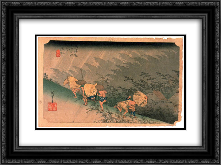 White Rain, Shono 24x18 Black Ornate Wood Framed Art Print Poster with Double Matting by Hiroshige