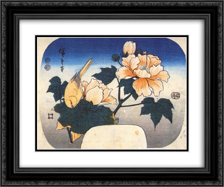 Yellow bird and cotton rose 24x20 Black Ornate Wood Framed Art Print Poster with Double Matting by Hiroshige