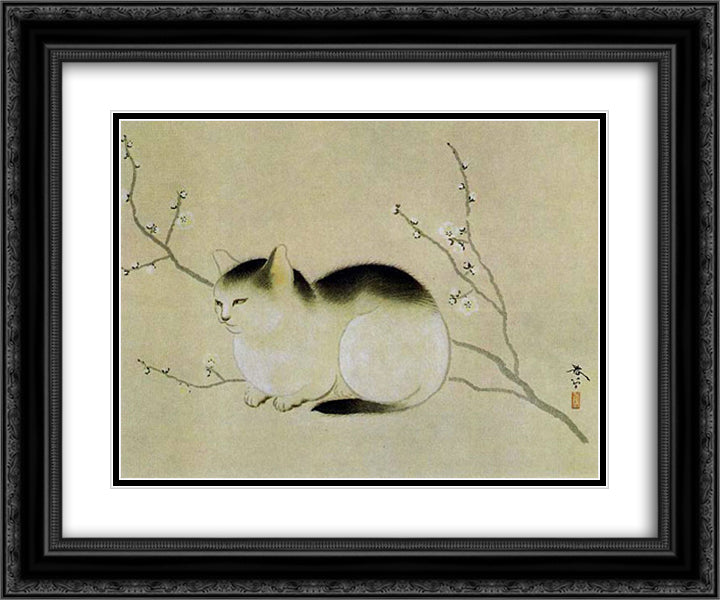 Cat 24x20 Black Ornate Wood Framed Art Print Poster with Double Matting by Shunso, Hishida
