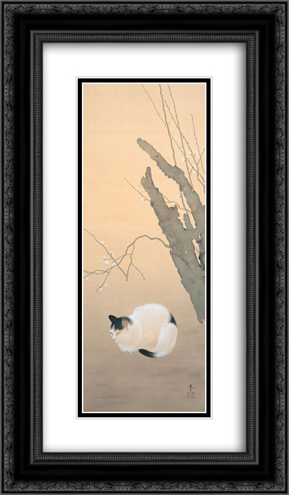 Cat and Plum Blossoms 14x24 Black Ornate Wood Framed Art Print Poster with Double Matting by Shunso, Hishida