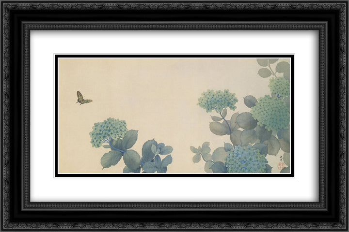 Hydrangeas 24x16 Black Ornate Wood Framed Art Print Poster with Double Matting by Shunso, Hishida