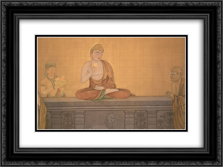 Mahakasyapa smiling at the lotus flower 24x18 Black Ornate Wood Framed Art Print Poster with Double Matting by Shunso, Hishida