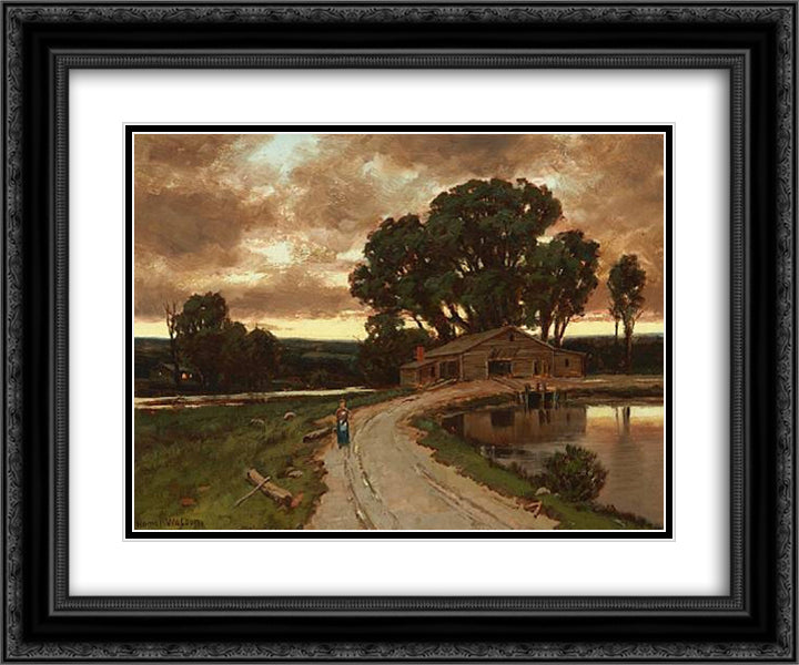 Figure on the road and farmhouse at sunset 24x20 Black Ornate Wood Framed Art Print Poster with Double Matting by Watson, Homer