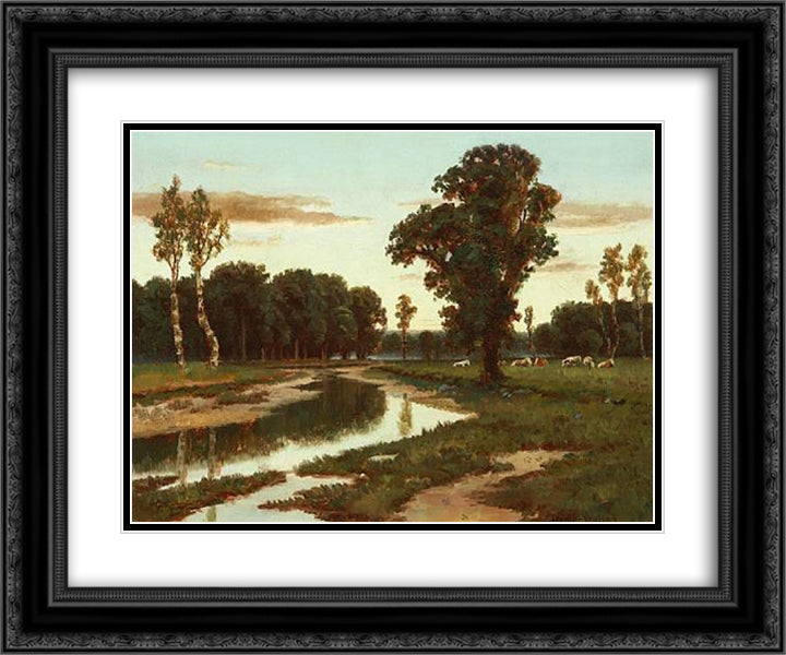 Grazing cattle near the river 24x20 Black Ornate Wood Framed Art Print Poster with Double Matting by Watson, Homer