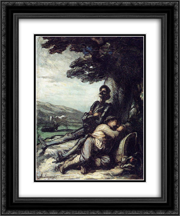 Don Quixote and Sancho Pansa Having a Rest under a Tree 20x24 Black Ornate Wood Framed Art Print Poster with Double Matting by Daumier, Honore