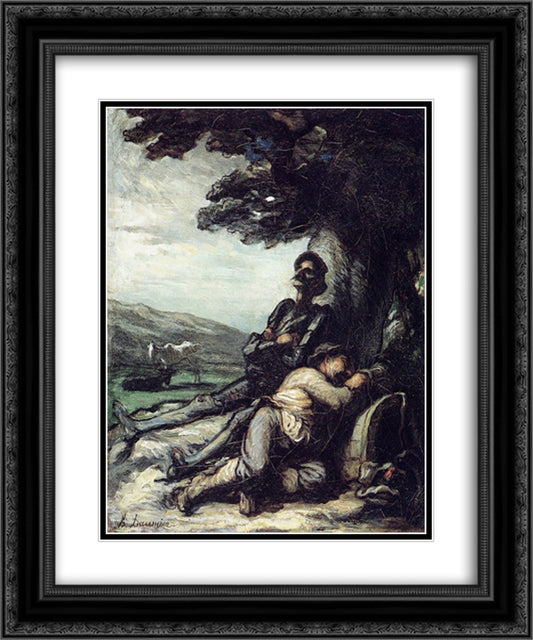 Don Quixote and Sancho Pansa Having a Rest under a Tree 20x24 Black Ornate Wood Framed Art Print Poster with Double Matting by Daumier, Honore