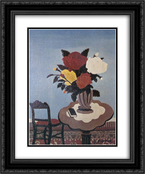 Roses With Red Chair 20x24 Black Ornate Wood Framed Art Print Poster with Double Matting by Pippin, Horace