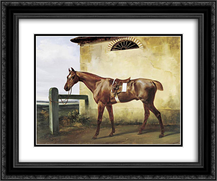 A Saddled Race Horse Tied to a Fence 24x20 Black Ornate Wood Framed Art Print Poster with Double Matting by Vernet, Horace