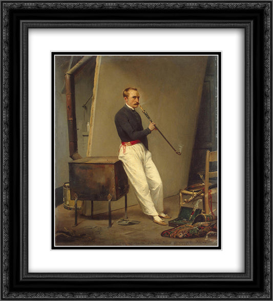 Self-Portrait with Pipe 20x22 Black Ornate Wood Framed Art Print Poster with Double Matting by Vernet, Horace