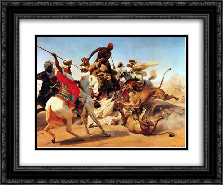 The Lion Hunt 24x20 Black Ornate Wood Framed Art Print Poster with Double Matting by Vernet, Horace