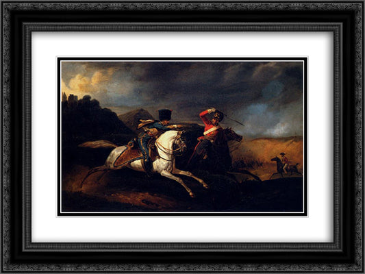 Two Soldiers on Horseback 24x18 Black Ornate Wood Framed Art Print Poster with Double Matting by Vernet, Horace