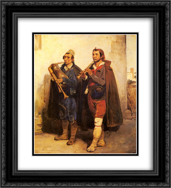 Village Musicians 20x22 Black Ornate Wood Framed Art Print Poster with Double Matting by Vernet, Horace