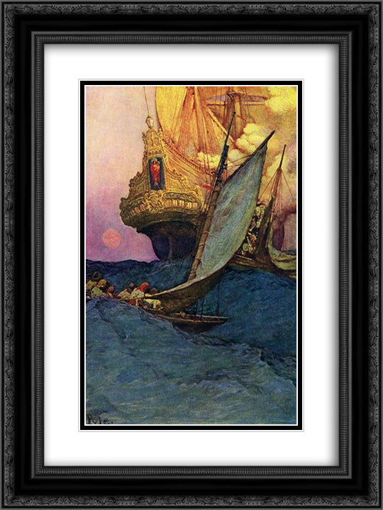 An Attack on a Galleon 18x24 Black Ornate Wood Framed Art Print Poster with Double Matting by Pyle, Howard
