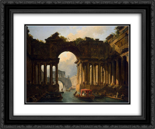 Architectural Landscape with a Canal 24x20 Black Ornate Wood Framed Art Print Poster with Double Matting by Robert, Hubert