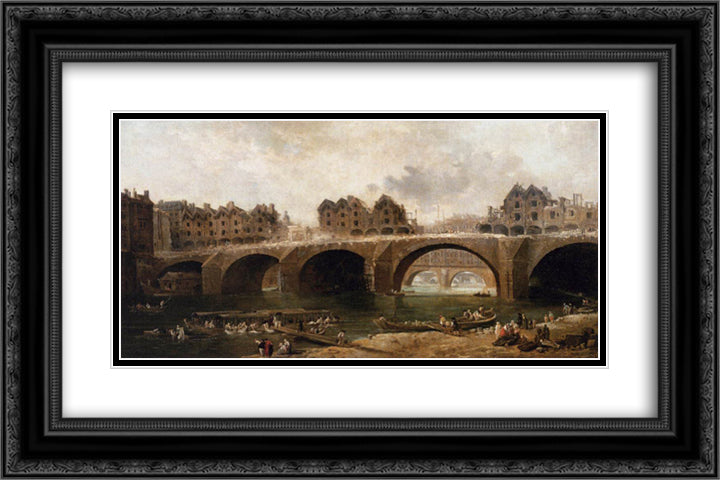 Demolition of the Houses on the Pont Notre-Dame in 1786 24x16 Black Ornate Wood Framed Art Print Poster with Double Matting by Robert, Hubert