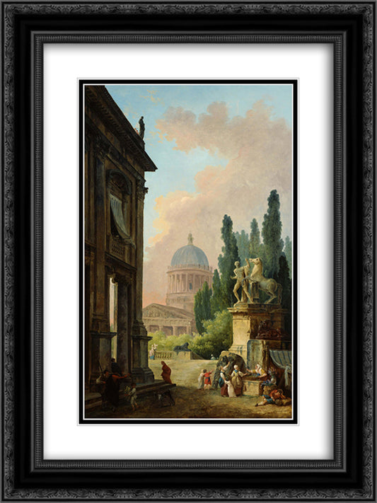 Imaginary View of Rome with the Horse-Tamer of the Monte Cavallo and a Church 18x24 Black Ornate Wood Framed Art Print Poster with Double Matting by Robert, Hubert