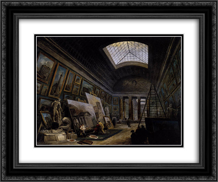 Imaginary View of the Grande Galerie in the Louvre 24x20 Black Ornate Wood Framed Art Print Poster with Double Matting by Robert, Hubert