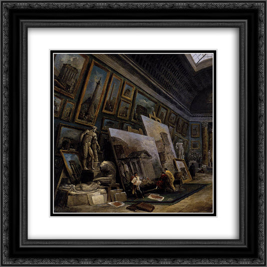 Imaginary View of the Grande Galerie in the Louvre (detail) 20x20 Black Ornate Wood Framed Art Print Poster with Double Matting by Robert, Hubert