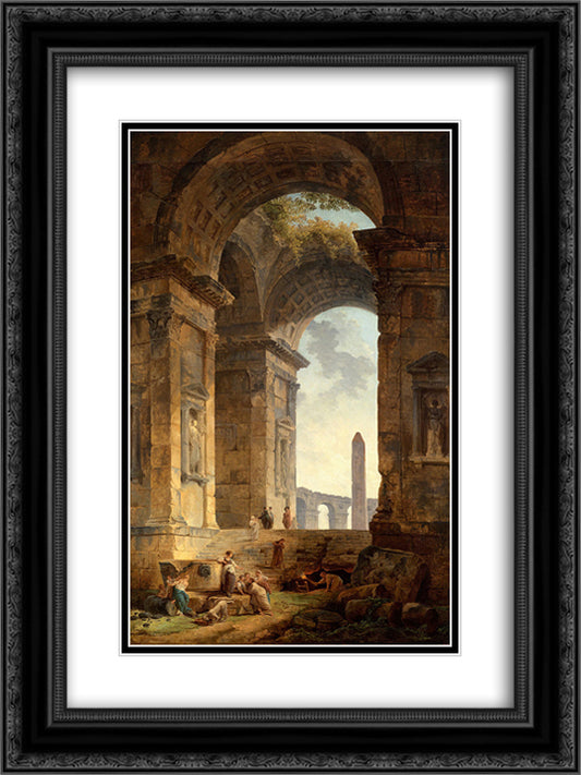 Ruins with an obelisk in the distance 18x24 Black Ornate Wood Framed Art Print Poster with Double Matting by Robert, Hubert