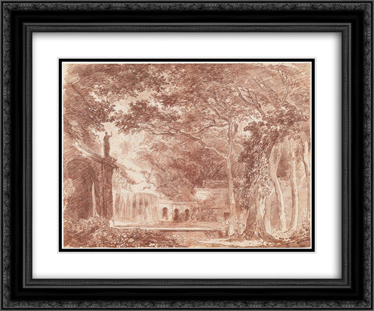 The Oval Fountain in the Gardens of the Villa d'Este, Tivoli 24x20 Black Ornate Wood Framed Art Print Poster with Double Matting by Robert, Hubert