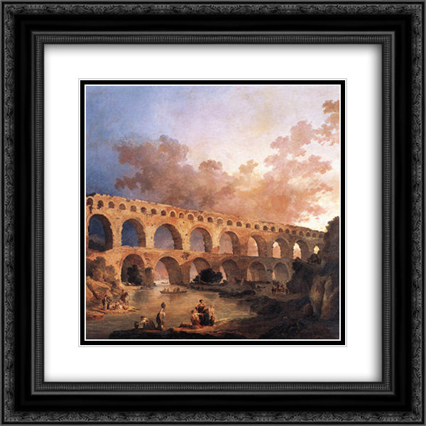 The Pont du Gard 20x20 Black Ornate Wood Framed Art Print Poster with Double Matting by Robert, Hubert