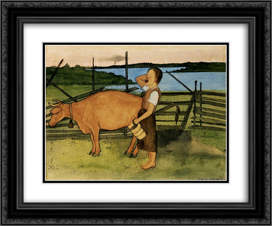 Morning Milking 24x20 Black Ornate Wood Framed Art Print Poster with Double Matting by Simberg, Hugo