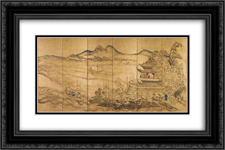 Landscape with Yueyang Tower 24x16 Black Ornate Wood Framed Art Print Poster with Double Matting by no Taiga, Ike