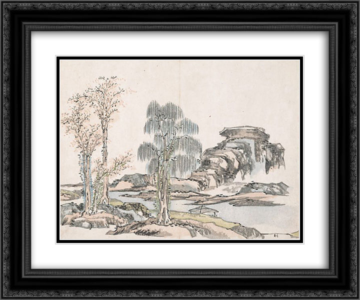 Untitled (Mountains and three trees) 24x20 Black Ornate Wood Framed Art Print Poster with Double Matting by no Taiga, Ike
